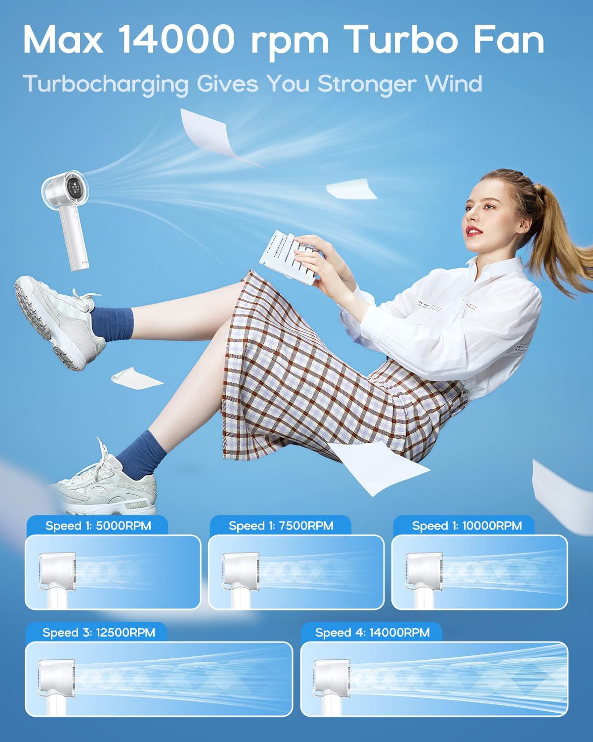 Handheld Turbo Fan, 5 Gear Wind, Battery Operated, up to 19 Working Hours, 3 in 1 Hand Fan with Air Turbo Tech Cooling Fan for Outdoor Activities, Travel, Working